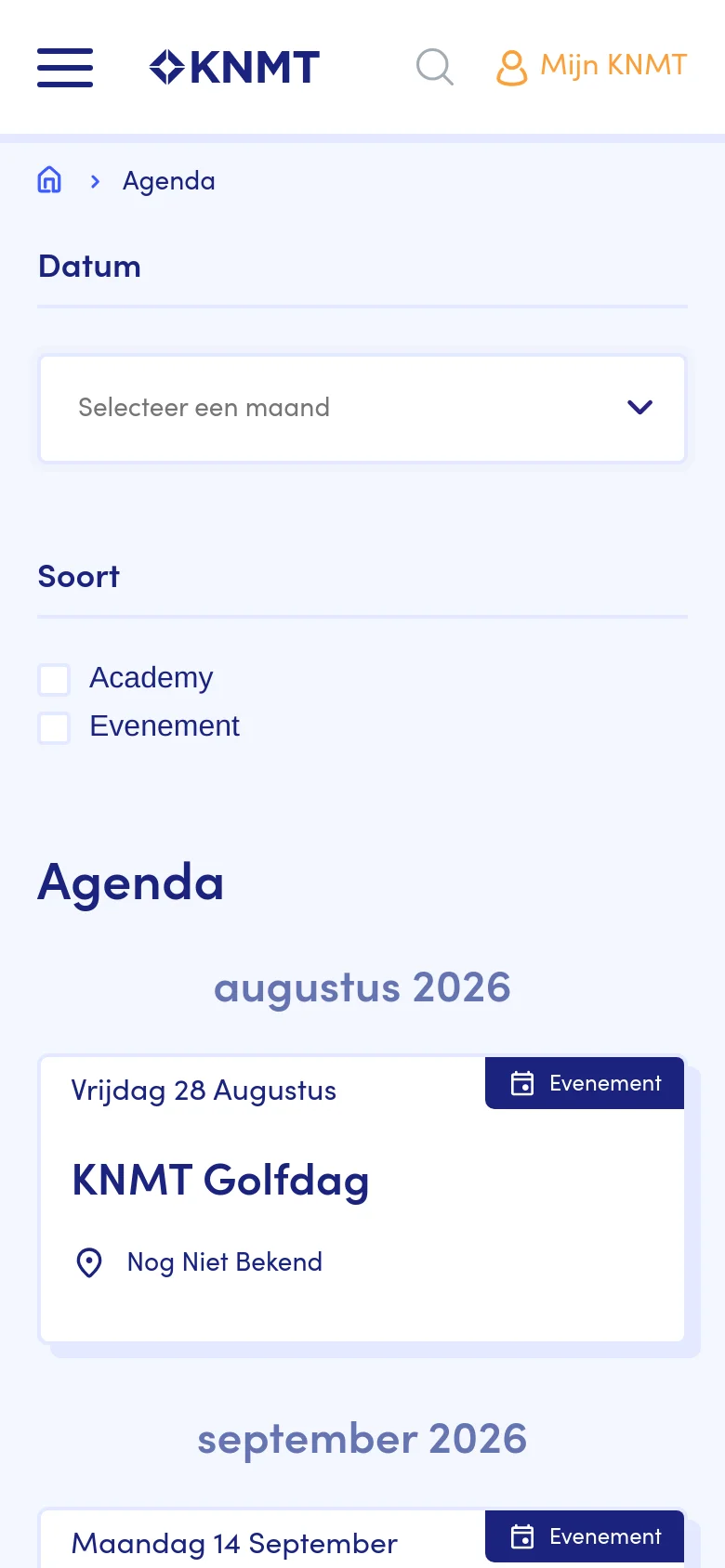 The mobile version simplifies the layout by moving the sidebar filters to the top of the page, stacked vertically above the agenda content. The event cards are resized to fit the narrower screen, maintaining the chronological list format with large date indicators and event details.