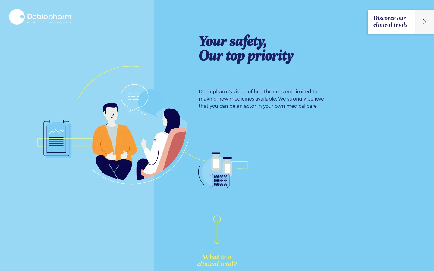 The desktop homepage features a light blue and pale blue split-screen layout with a large hero illustration of a doctor and patient talking. The headline 'Your safety, Our top priority' is prominently displayed next to the illustration, accompanied by a brief mission statement. A white call-to-action button labeled 'Discover our clinical trials' sits in the top right corner.