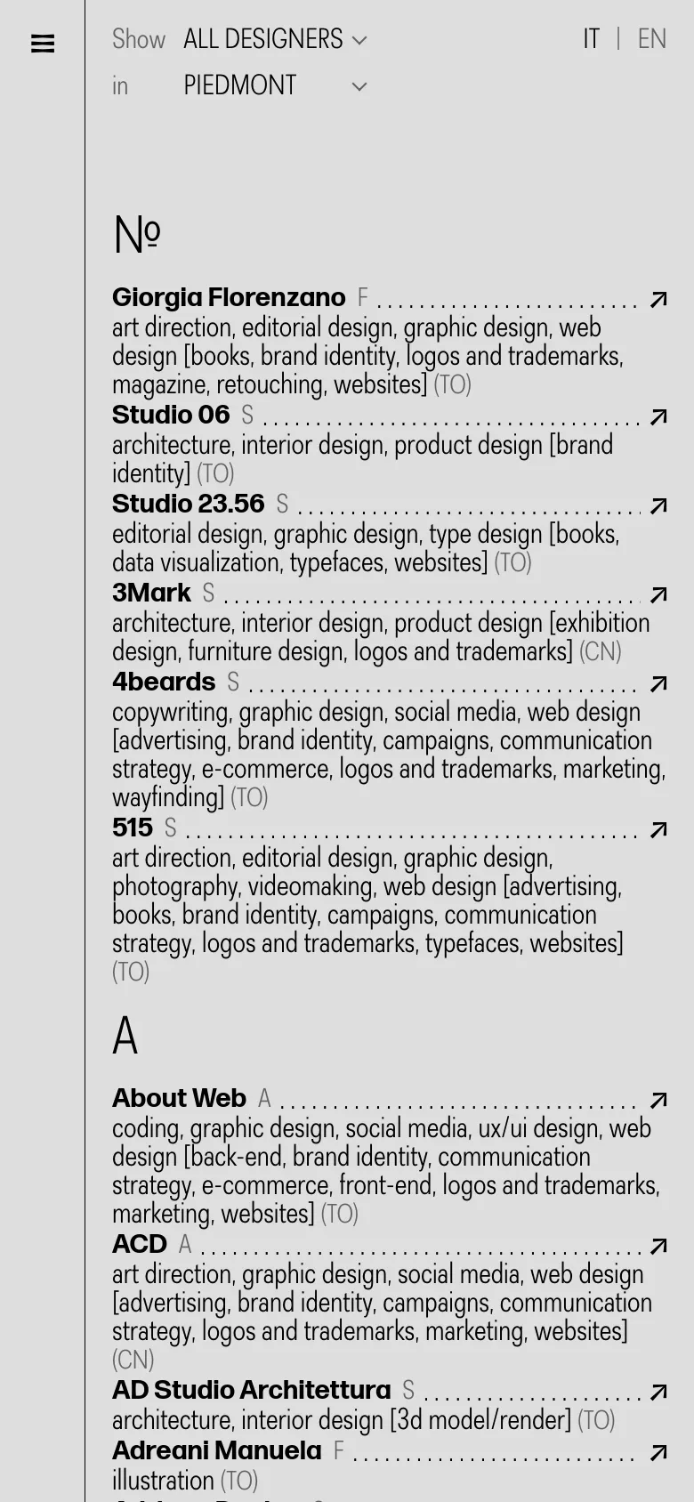 The mobile version simplifies the layout by replacing the left sidebar with a hamburger menu icon at the top left. The directory list remains the primary focus, spanning the full width of the screen with vertical scrolling, while the filtering options are condensed into dropdown menus at the top of the page.