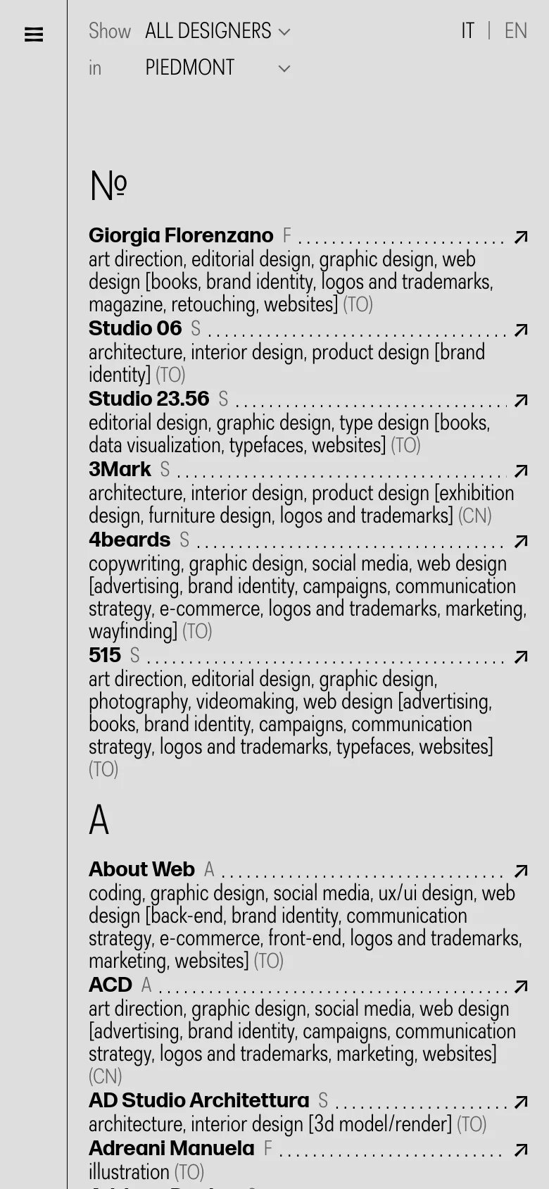 The mobile version simplifies the layout by replacing the left sidebar with a hamburger menu icon at the top left. The directory list remains the primary focus, spanning the full width of the screen with vertical scrolling, while the filtering options are condensed into dropdown menus at the top of the page.