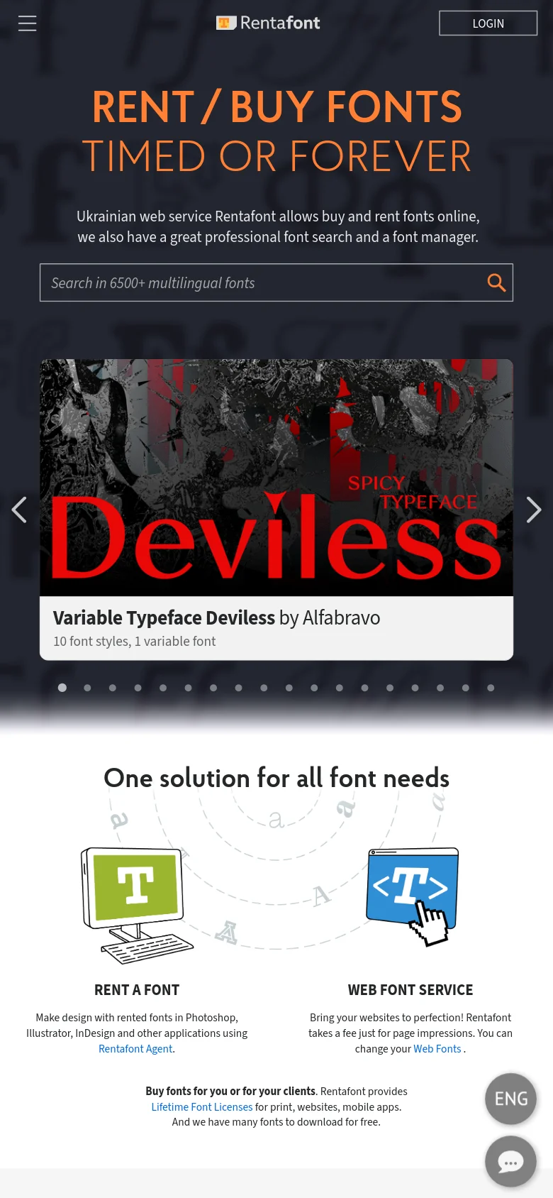The mobile version presents a vertically stacked layout with the dark hero section at the top, followed by the font search bar and a single-column view of the font preview carousel. The text is centered and scaled for smaller screens, and the bottom service descriptions transition from a side-by-side layout to a vertical stack on a white background.