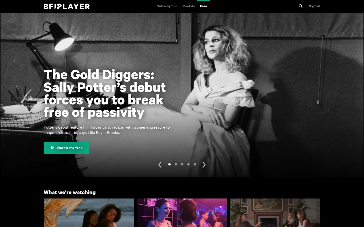The BFI Player 'Free' landing page features a large black and white hero image of a woman in a dress, overlaid with the headline 'The Gold Diggers: Sally Potter’s debut forces you to break free of passivity'. A bright teal 'Watch for free' button sits below a short description, and a navigation bar at the top includes links for Subscription, Rentals, and Free. The layout is spacious with a dark theme and white text.