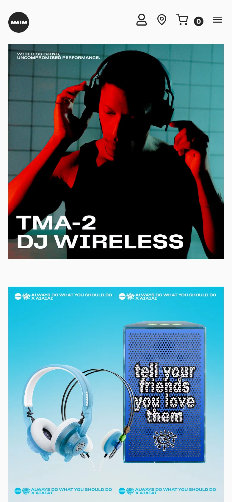 The mobile version presents a condensed layout with a hamburger menu icon on the right and a user profile icon on the left. The hero image remains the central focus, featuring the same high-contrast person with headphones and large white typography, but scaled to fit a vertical screen orientation.