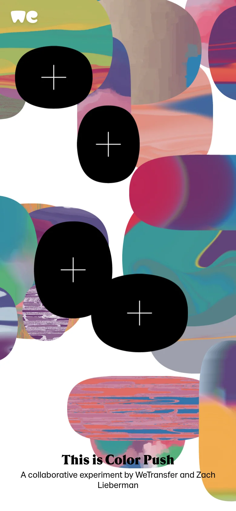 The mobile version presents a vertical layout with larger, overlapping colorful abstract shapes and prominent black plus-sign buttons that fill more of the screen. The headline 'This is Color Push' and the subheadline are positioned at the bottom of the screen against a white background.