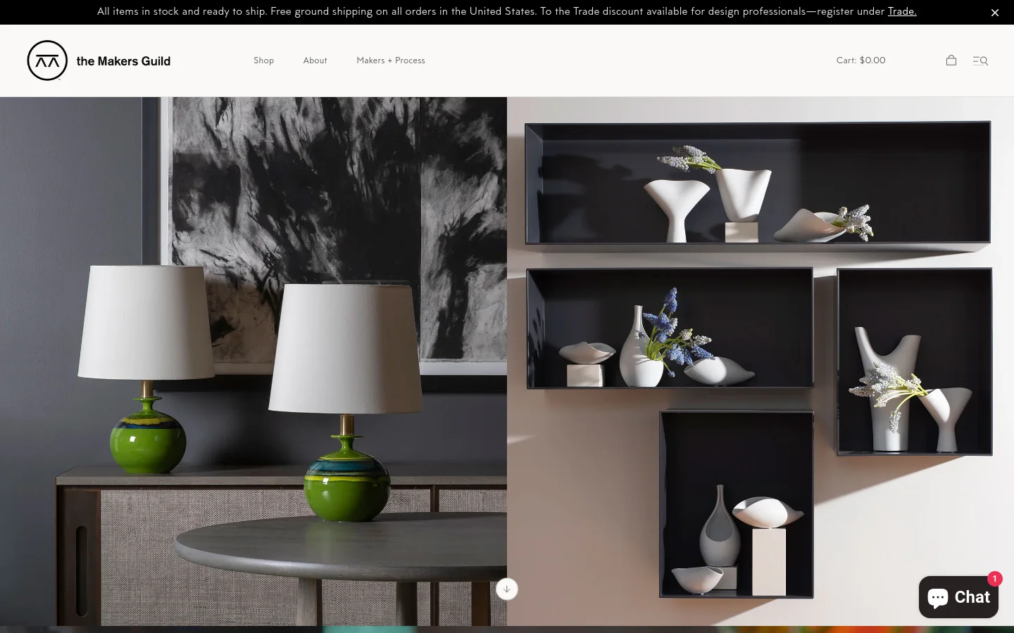 The desktop homepage features a minimalist design with a large hero image of green ceramic lamps on a sideboard against a dark grey background. Below the hero section, a navigation menu includes links for Shop, About, and Makers + Process, alongside a shopping cart and search icon. The layout uses high-quality photography and ample white space to showcase curated objects.