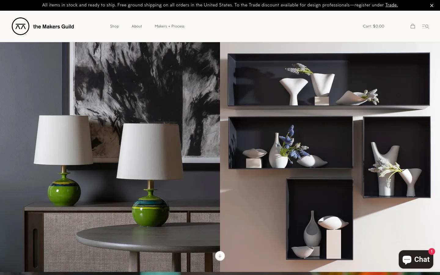 The desktop homepage features a minimalist design with a large hero image of green ceramic lamps on a sideboard against a dark grey background. Below the hero section, a navigation menu includes links for Shop, About, and Makers + Process, alongside a shopping cart and search icon. The layout uses high-quality photography and ample white space to showcase curated objects.