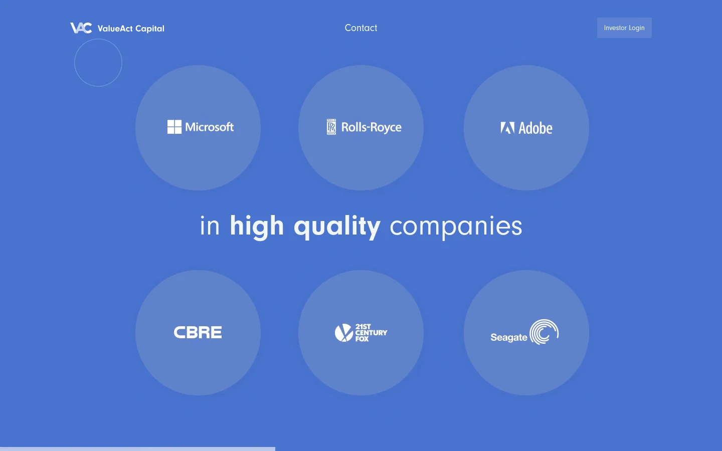 The desktop homepage features a blue background with the ValueAct Capital logo and a 'Contact' link at the top, alongside an 'Investor Login' button. The hero section displays large white text over several translucent circles containing logos for Microsoft, Rolls-Royce, Adobe, CBRE, 21st Century Fox, and Seagate. The layout is spacious and minimalist, emphasizing corporate partnerships.