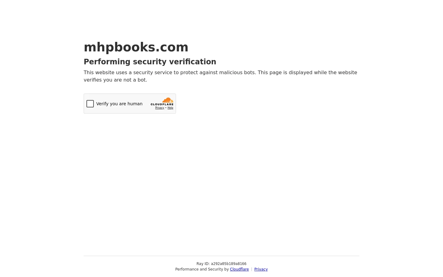 A security verification page for mhpbooks.com on a white background. It features a headline stating 'Performing security verification' and a Cloudflare Turnstile widget with a checkbox labeled 'Verify you are human'.