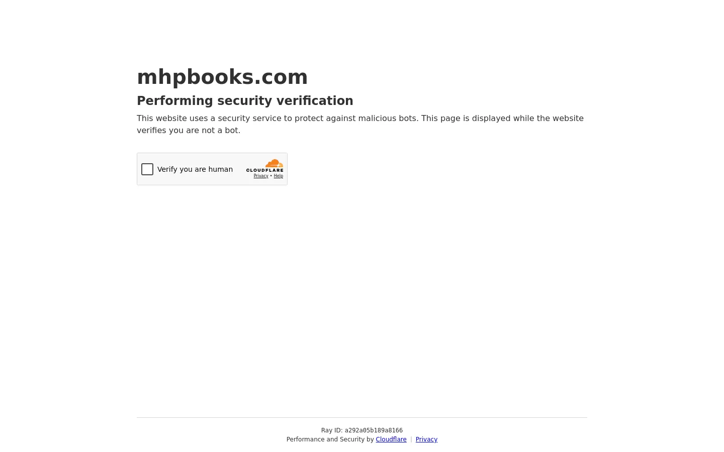 A security verification page for mhpbooks.com on a white background. It features a headline stating 'Performing security verification' and a Cloudflare Turnstile widget with a checkbox labeled 'Verify you are human'.