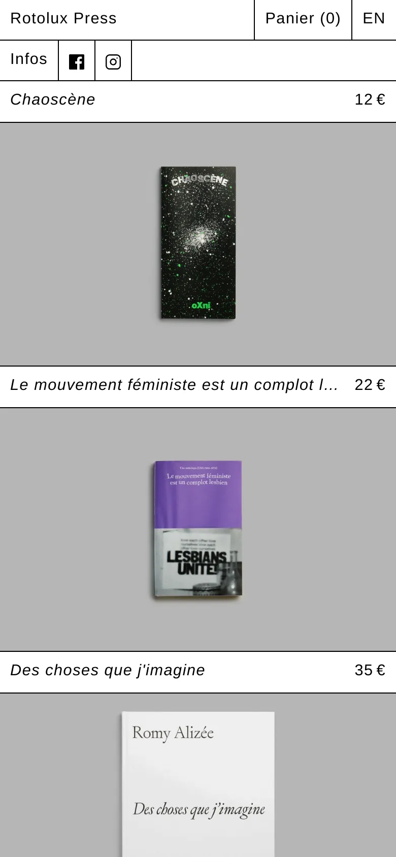 The mobile version presents a simplified, single-column vertical scroll of the book catalogue. Each item displays a large book cover image followed by the title and price in a clean, stacked format. The header is condensed, showing the brand name, a shopping cart icon, and language options.