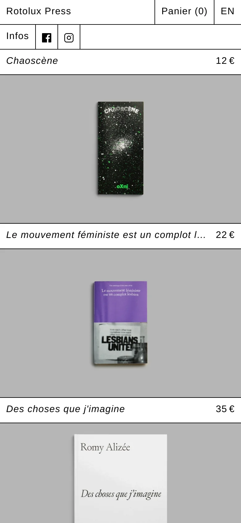 The mobile version presents a simplified, single-column vertical scroll of the book catalogue. Each item displays a large book cover image followed by the title and price in a clean, stacked format. The header is condensed, showing the brand name, a shopping cart icon, and language options.