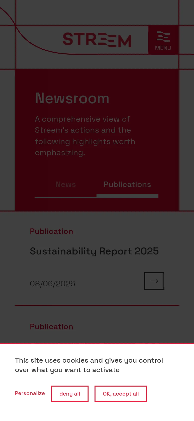 The mobile version maintains the dark red hero section with centered text and navigation links for 'News' and 'Publications'. The publication list below scales to a single-column vertical layout, making the report titles and dates easy to read on a smaller screen.