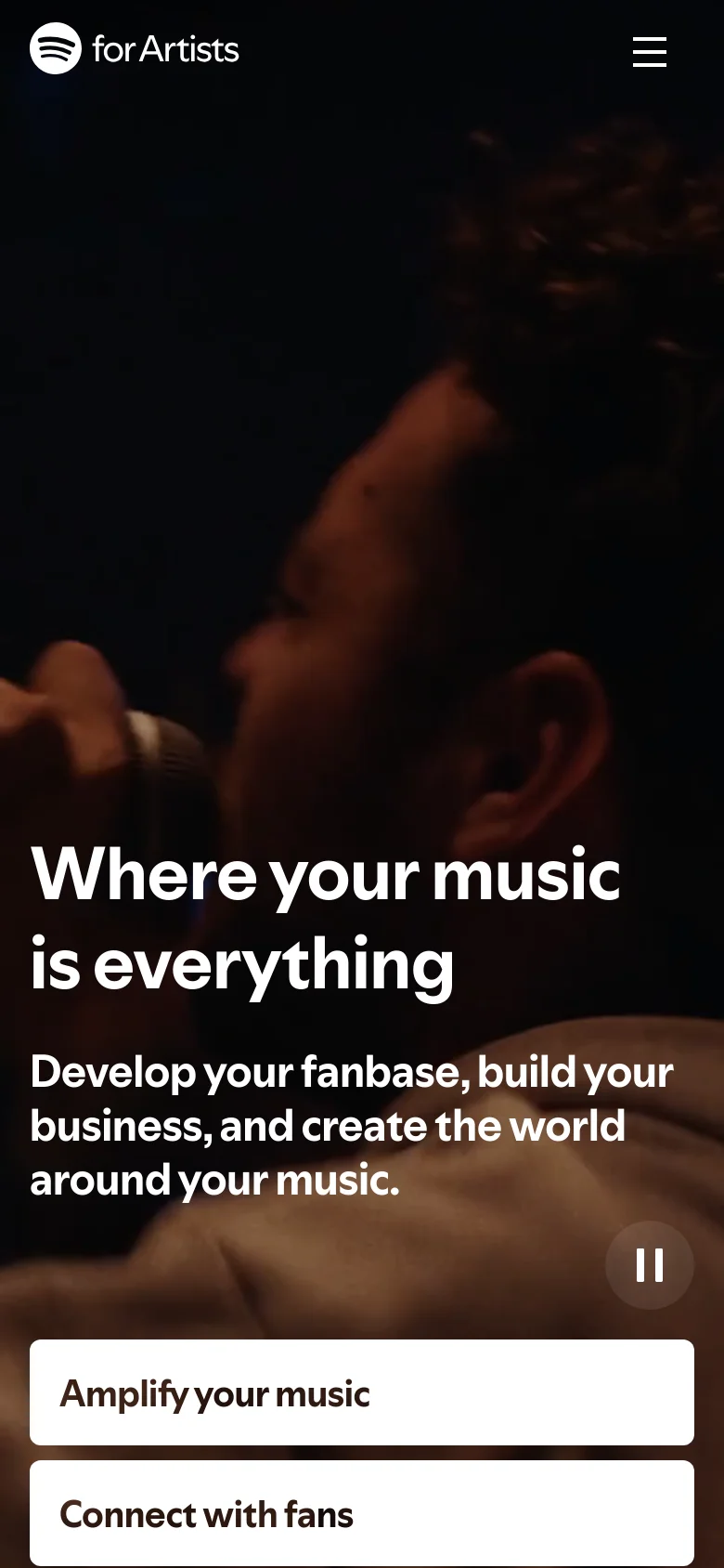The mobile version presents a vertically stacked layout with a large hero headline and subtext over a close-up image of a musician. The top navigation is condensed into a hamburger menu icon next to the Spotify for Artists logo, and the bottom feature links are displayed as large, full-width white buttons for easier tapping.