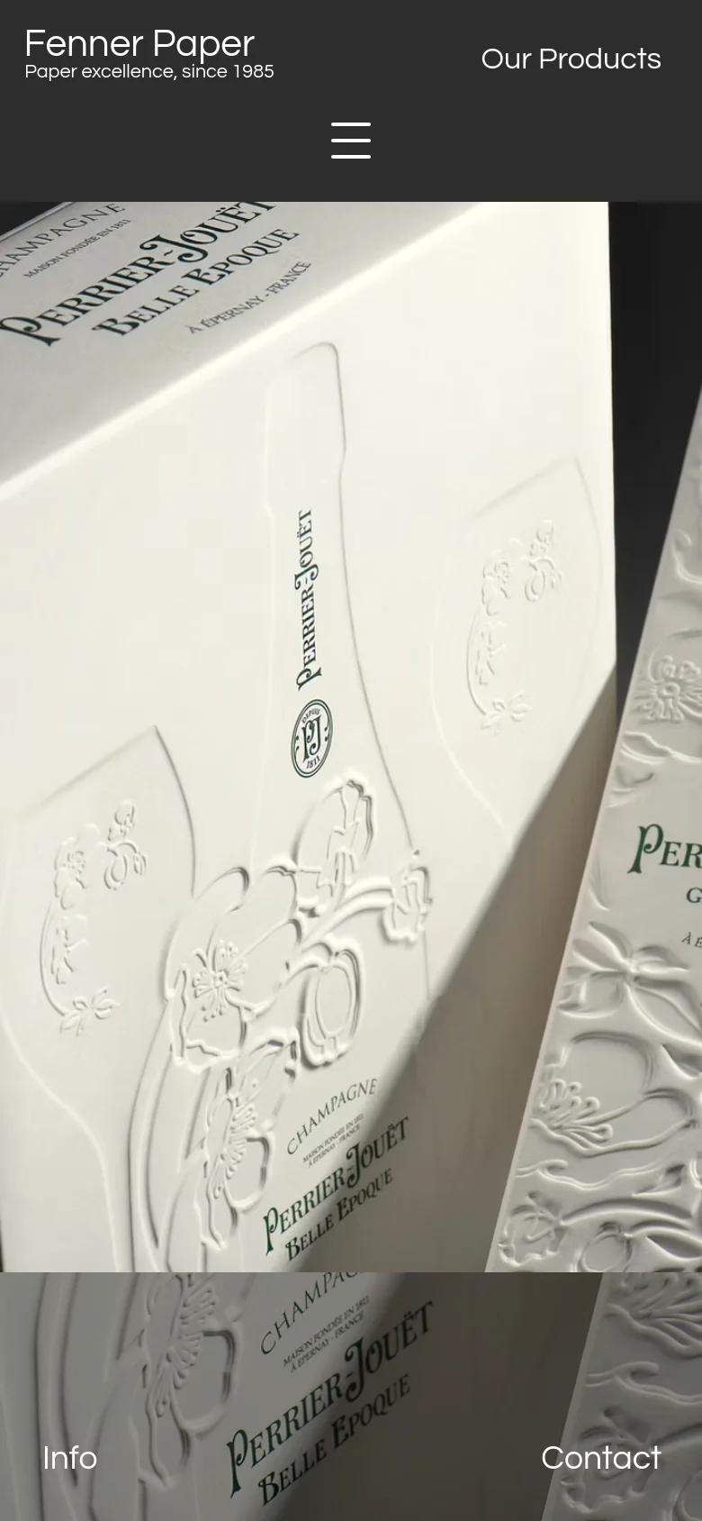 The mobile version maintains the large hero image of embossed white packaging but scales the layout vertically. The navigation bar remains at the top with the logo and menu icon, while the 'Info' and 'Contact' links are repositioned to the bottom of the screen for easier thumb access.