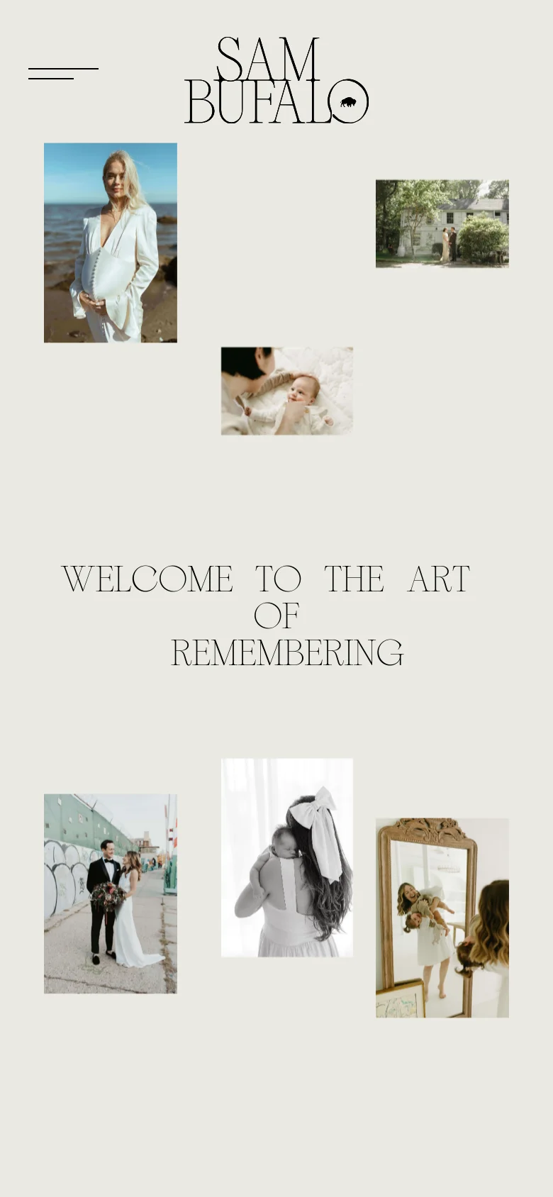 The mobile version maintains the cream-colored aesthetic and elegant typography but shifts to a more vertical, single-column layout. The navigation is condensed, and the photography images are stacked vertically to accommodate the smaller screen, ensuring the large central headline remains the focal point.