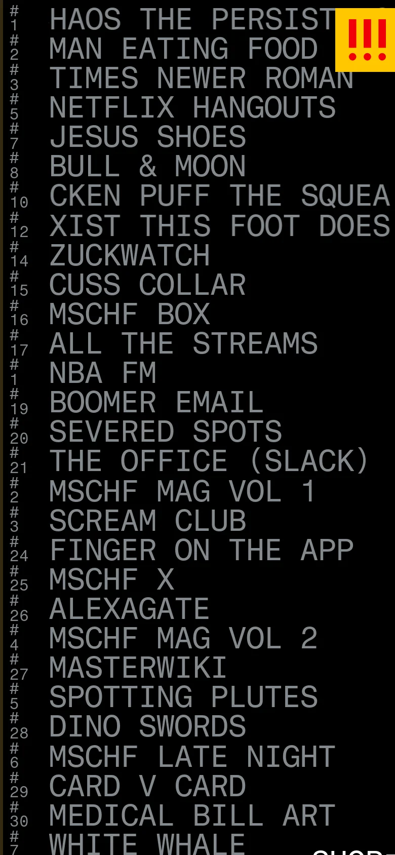 The mobile version maintains the black background and white monospace text but presents the project list in a more condensed, single-column vertical scroll. The layout is simplified for narrow screens, and the yellow icon with red exclamation points remains prominent in the top right corner.