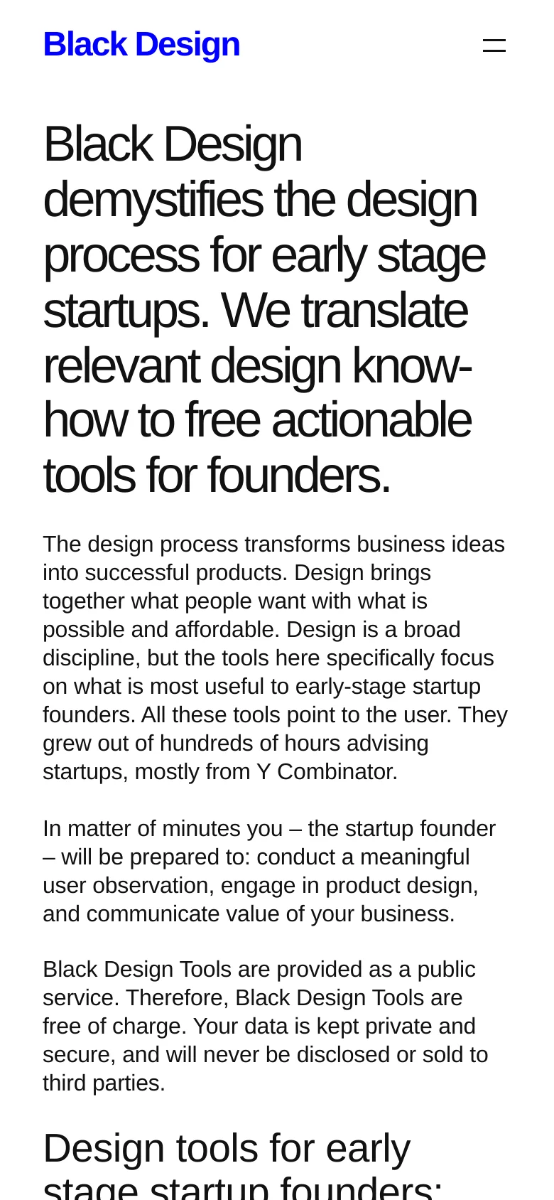 The mobile version maintains the minimalist white and black aesthetic but uses a condensed single-column layout. The navigation menu is collapsed into a hamburger icon in the top right, and the large headline text is scaled down to fit the narrower screen width.