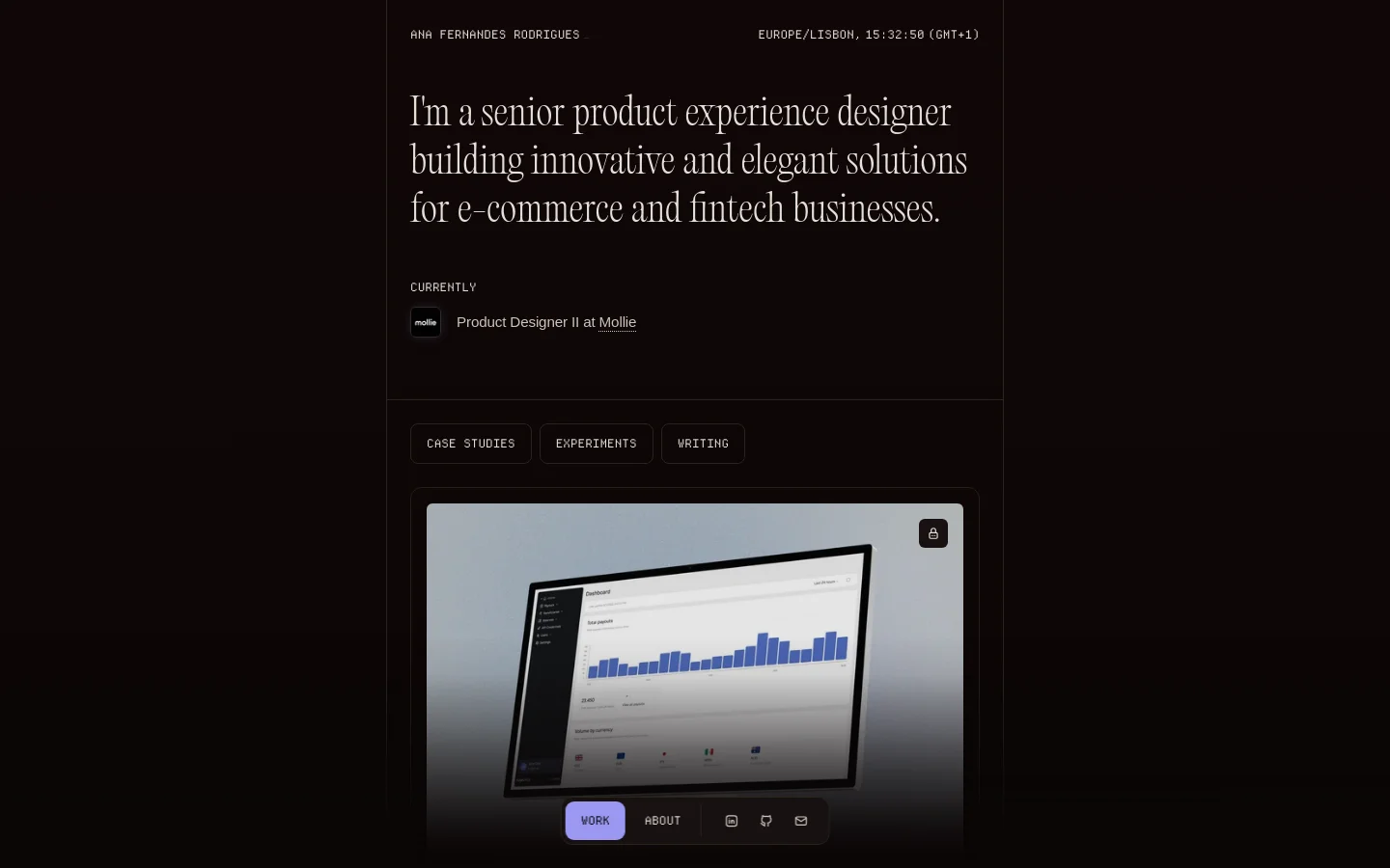 A minimalist portfolio homepage with a dark background and white serif typography. The layout features a large headline introducing Ana Fernandes Rodrigues as a senior product experience designer, followed by her current role at Mollie, and a section for case studies with large image cards. Navigation links and social icons are positioned at the top and bottom of the page.