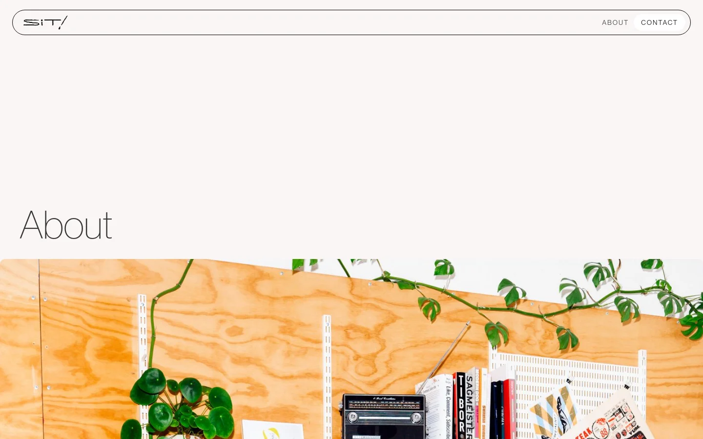 The desktop About page features a minimalist white header with the SIT logo and navigation links. A large 'About' headline sits above a wide hero image of a wooden workspace with plants and studio equipment. Below, the layout includes portrait photos of Patrick Perkins, biographical text, and a 'Get In Touch' section with a contact call to action.