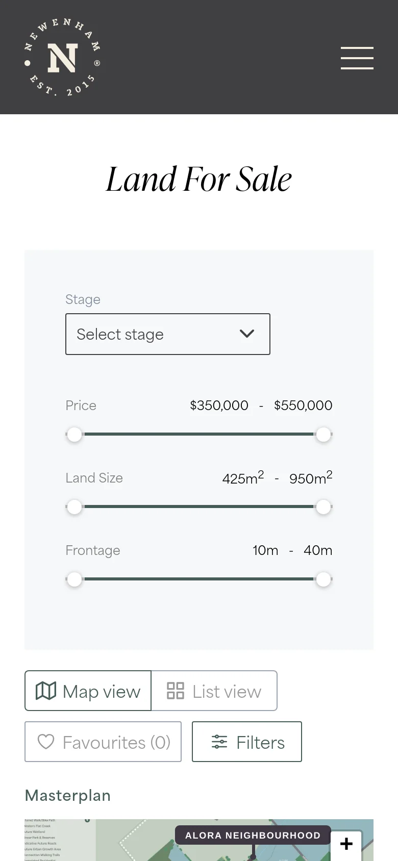 Mobile version of the Land For Sale page with a condensed layout. The navigation is replaced by a hamburger menu icon, and the filtering controls for stage, price, land size, and frontage are stacked vertically. The Map and List view buttons are prominently placed above the masterplan map section.