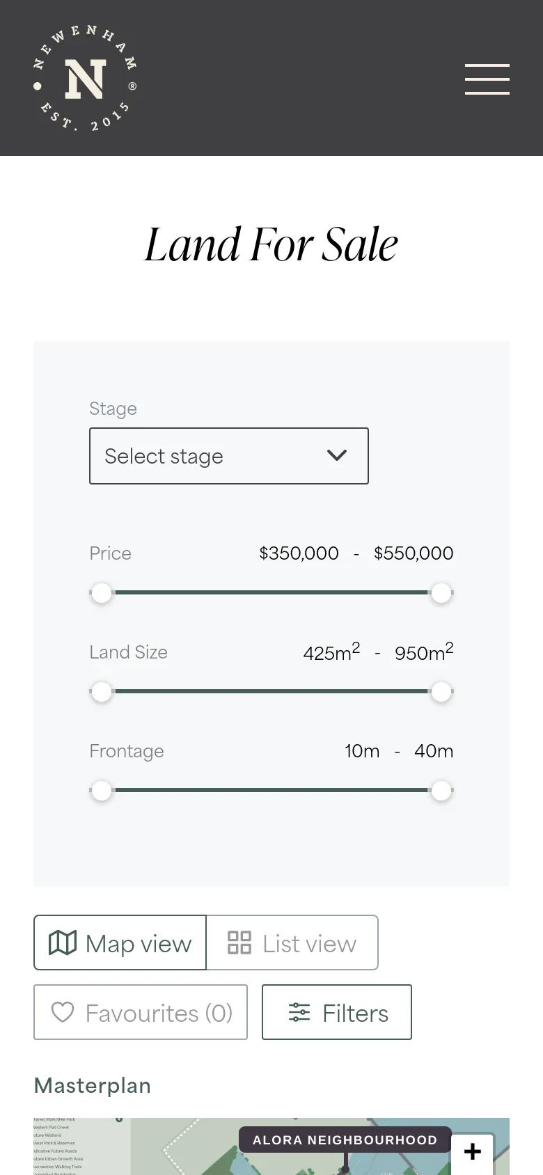 Mobile version of the Land For Sale page with a condensed layout. The navigation is replaced by a hamburger menu icon, and the filtering controls for stage, price, land size, and frontage are stacked vertically. The Map and List view buttons are prominently placed above the masterplan map section.