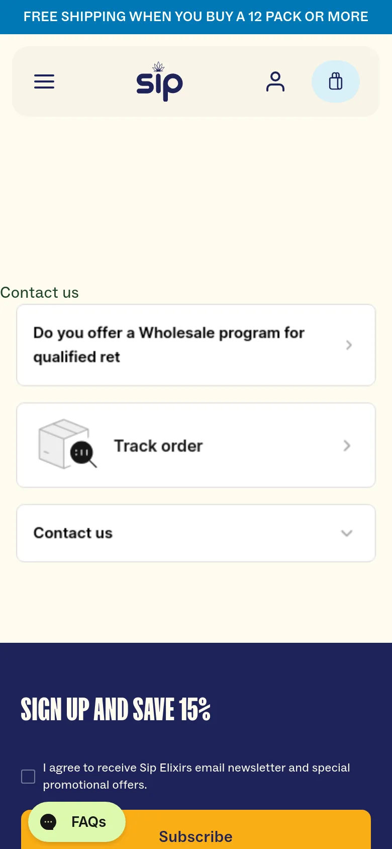 The mobile version simplifies the layout, replacing the top navigation with a hamburger menu icon and a centered logo. The three primary action buttons—Wholesale inquiry, Track order, and Contact us—are stacked vertically and span the width of the screen, followed by a dark blue footer section with a newsletter signup prompt.
