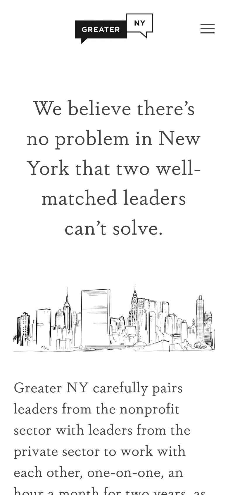 The mobile version displays a simplified layout with a centered logo and a hamburger menu icon in the top right. The mission statement is presented in large serif text, followed by the same black-and-white New York City skyline line drawing, which scales to fit the narrower screen width.