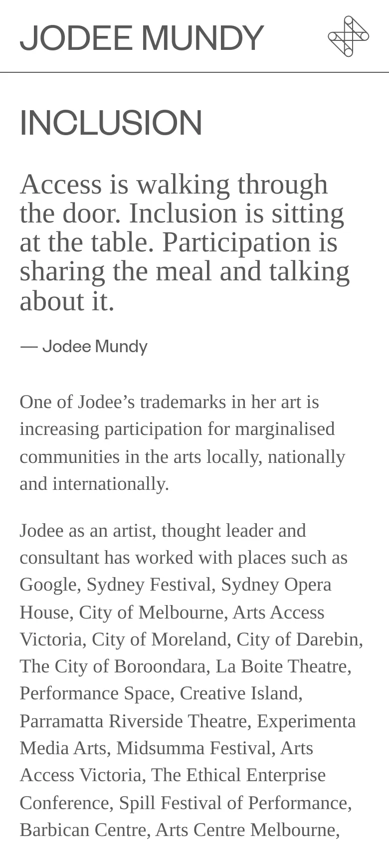 The mobile version simplifies the layout for a vertical screen, centering the 'JODEE MUNDY' logo and geometric icon at the top. The 'INCLUSION' heading and blockquote are stacked vertically, with text margins tightened to fit the narrow viewport while maintaining the high-contrast, minimalist design.