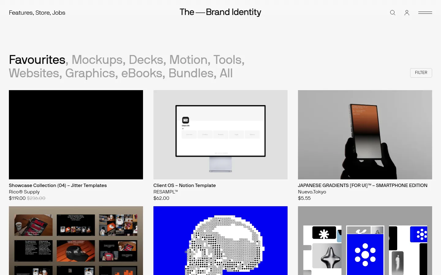 The desktop store page features a minimalist white layout with a large heading listing product categories like Mockups, Decks, and Motion. A grid of product cards displays large preview images, product titles, creator names, and prices. A navigation bar at the top includes the site logo, search, user profile, and menu icons.