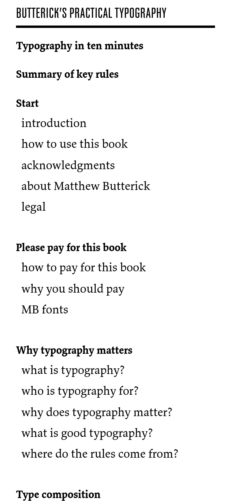 The mobile version presents a single-column, vertically stacked layout of the same content. The large 'A' graphic and title are centered at the top, followed by a long list of navigation links and headings that span the full width of the screen for easier scrolling.