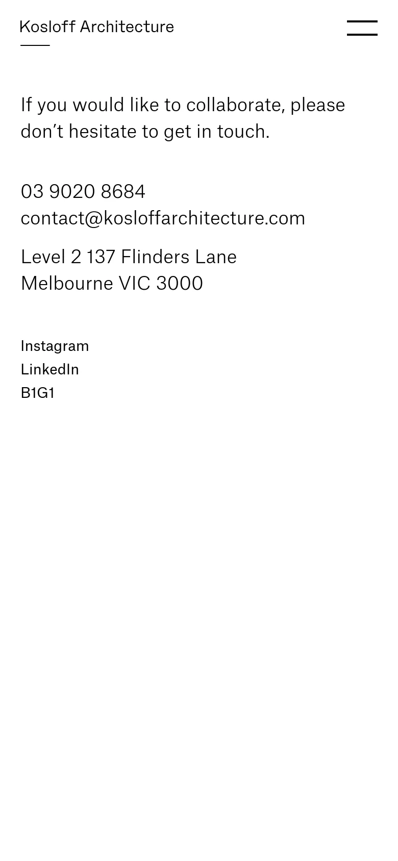 The mobile version presents a single-column vertical layout on a white background. The text is stacked centrally, starting with the collaboration invitation, followed by the phone number, email, address, and social media links in a continuous list.