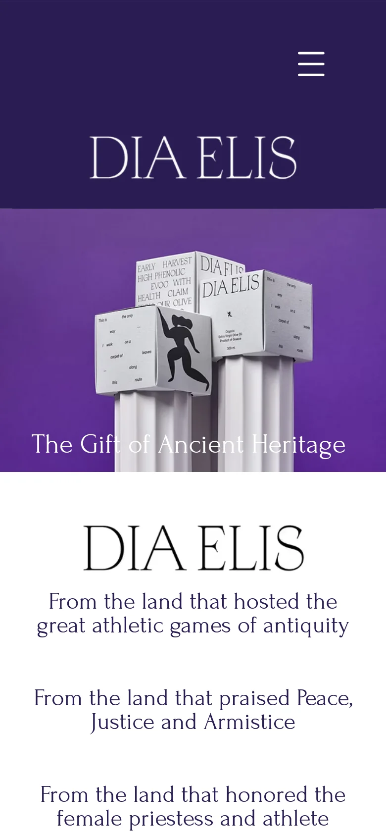 The mobile version shows a centered DIA ELIS logo above a large hamburger menu icon on a dark purple background. Below, the hero image of column-shaped olive oil packaging is displayed with the headline 'The Gift of Ancient Heritage' overlaid at the bottom.