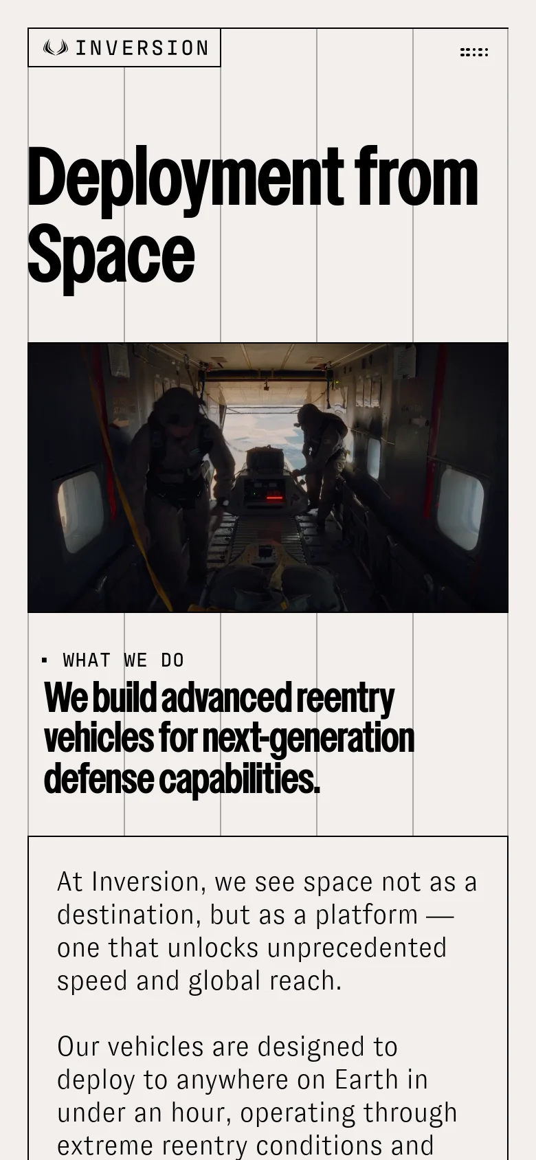 The mobile version presents a vertically stacked layout with the large 'Deployment from Space' headline at the top. Below the headline is the spacecraft cargo bay hero image, followed by a 'What We Do' section with bold text describing reentry vehicles. The navigation is condensed, and the content is optimized for a narrow screen width.