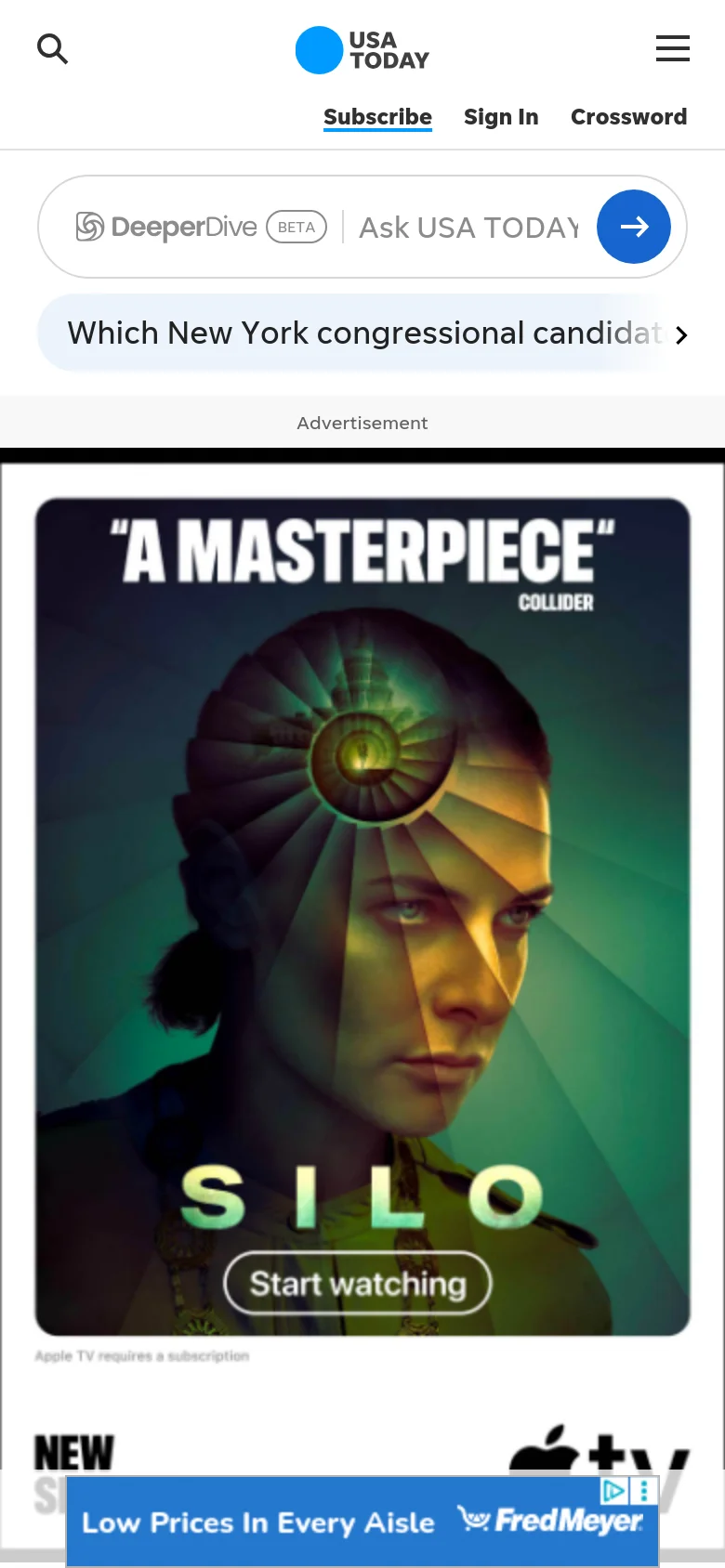 The mobile version presents a condensed layout with a hamburger menu and search icon at the top. The 'DeeperDive' AI search bar is prominent, followed by a large vertical advertisement for the show 'Silo'. News content is stacked vertically, prioritizing large imagery and headlines for easy scrolling on a narrow screen.