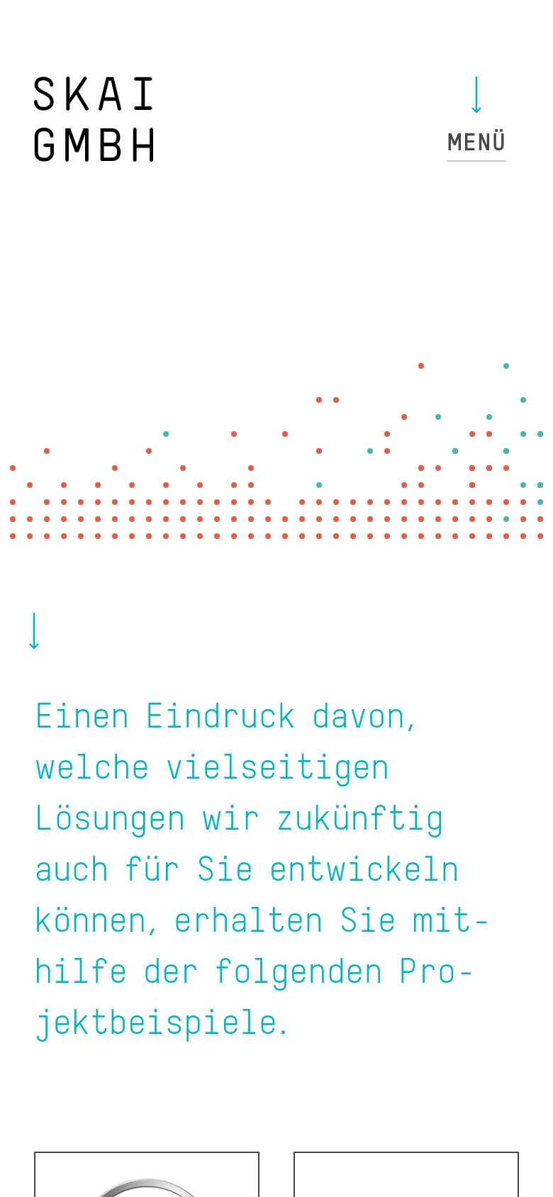 The mobile version simplifies the layout, showing the SKAI GMBH logo and a 'MENÜ' button with a hamburger icon in the header. The teal introductory text is stacked vertically to fit the narrower screen, and the decorative dot pattern is condensed above it.
