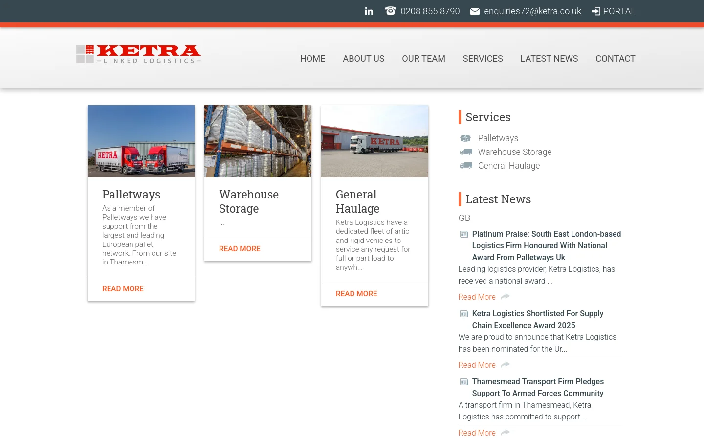 The Services page features a clean white layout with the Ketra Logistics logo at the top. Three service cards—Palletways, Warehouse Storage, and General Haulage—are arranged in a horizontal row, each containing a representative photo, a brief description, and a red 'READ MORE' link. A sidebar on the right provides a quick list of services and a 'Latest News' section with text links and icons.