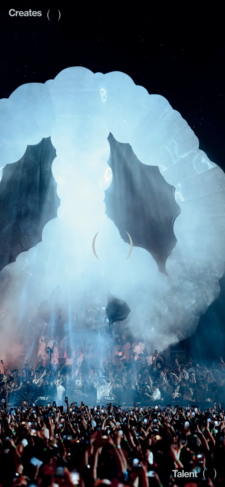 The mobile version presents a vertically oriented view of the hero image, focusing on the large, glowing cloud formation above a dense crowd. The navigation menu is simplified, and the text is scaled for a single-column mobile layout, maintaining the dark, cinematic atmosphere.