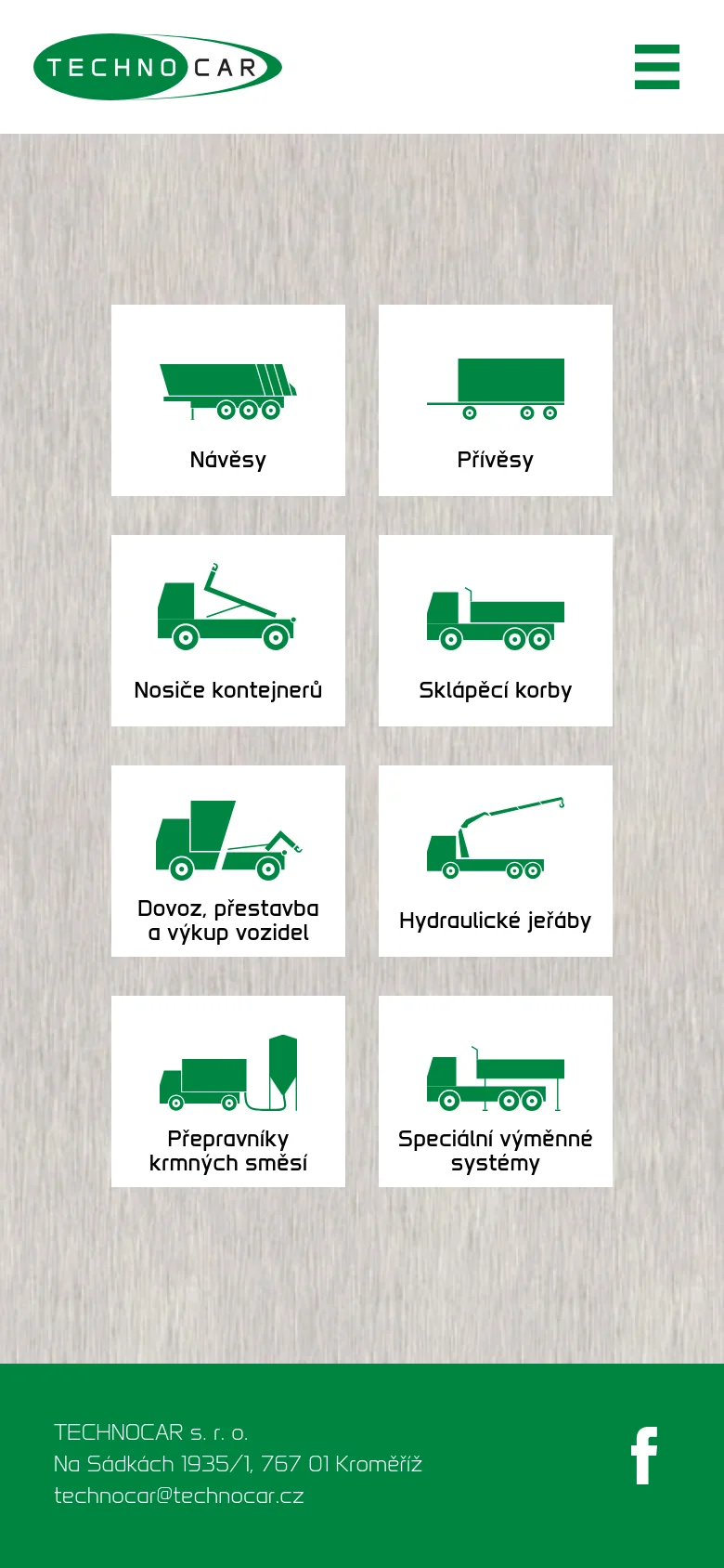 The mobile version simplifies the layout, replacing the top navigation bar with a green hamburger menu icon. The eight product category cards are rearranged into a single-column vertical stack, making them easier to scroll through on a smaller screen, while the green footer remains at the bottom.