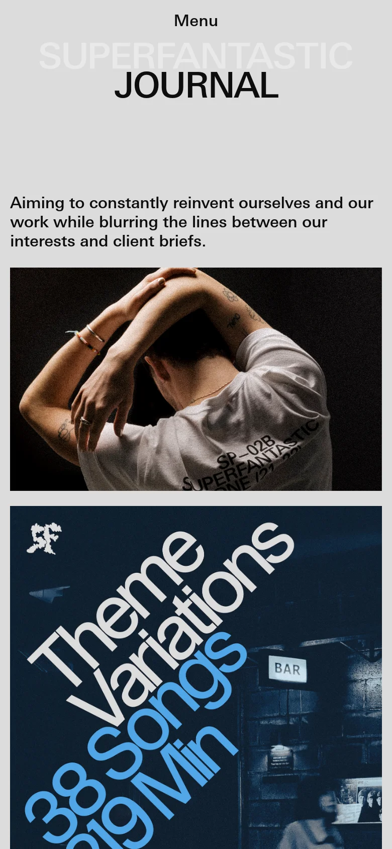 The mobile version maintains the minimalist aesthetic but uses a stacked layout. The 'Menu' and 'JOURNAL' headline are centered, and the journal entries appear as large, full-width vertical image cards that the user scrolls through linearly.
