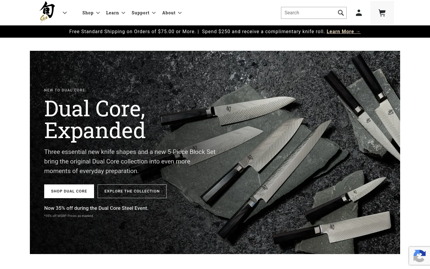 The desktop homepage features a dark, elegant aesthetic with a hero image of several Dual Core knives laid across textured grey stone. A large headline reads 'Dual Core, Expanded' above two primary buttons: 'SHOP DUAL CORE' and 'EXPLORE THE COLLECTION'. The navigation bar at the top includes the Shun logo, dropdown menus for Shop and Learn, a search bar, and shopping icons.
