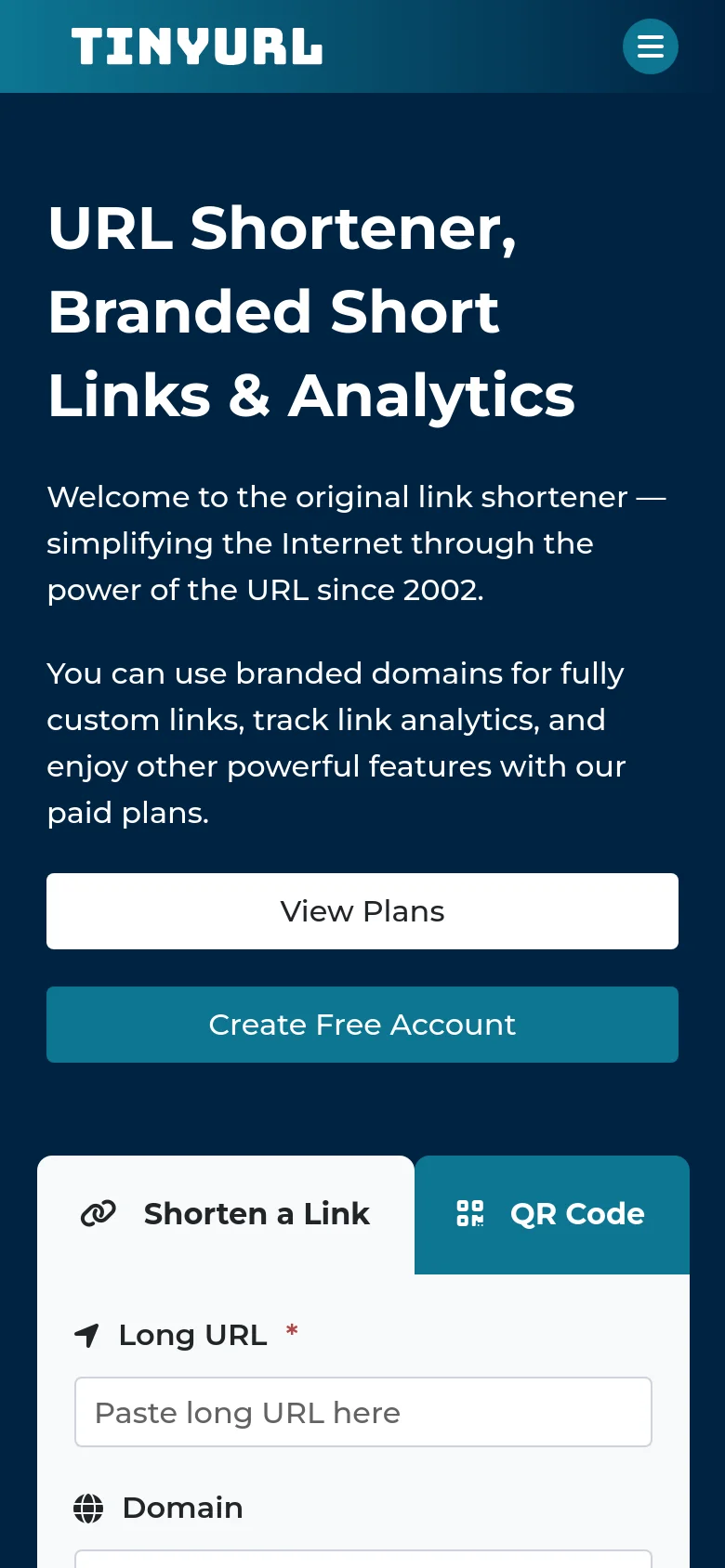 The mobile version uses a condensed layout with a hamburger menu in the top right and a centered headline. The primary call-to-action buttons, 'View Plans' and 'Create Free Account', are stacked vertically. The link shortening tool is presented as a white card below the main text, with the 'Shorten a Link' and 'QR Code' options appearing as large, side-by-side tabs.
