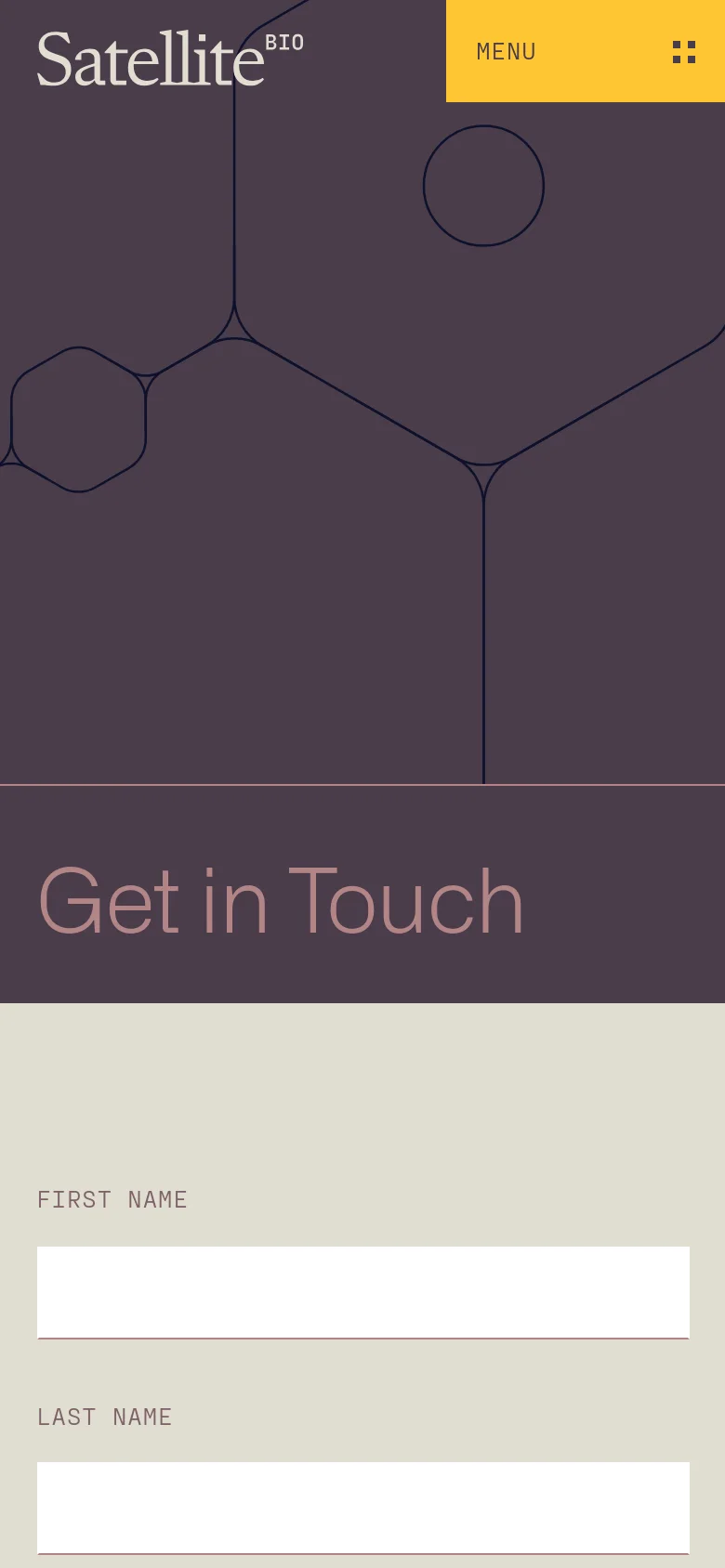 The mobile version maintains the dark purple hero section with the 'Get in Touch' headline and geometric line art, but the layout is vertically stacked. The menu is more prominent with a large yellow button at the top, and the contact form fields below are scaled to fit the narrower screen width.