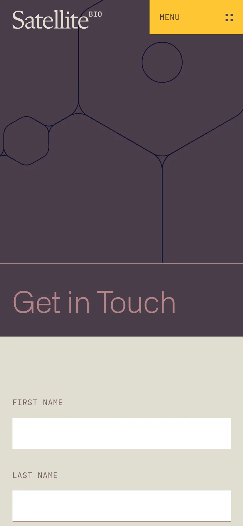 The mobile version maintains the dark purple hero section with the 'Get in Touch' headline and geometric line art, but the layout is vertically stacked. The menu is more prominent with a large yellow button at the top, and the contact form fields below are scaled to fit the narrower screen width.