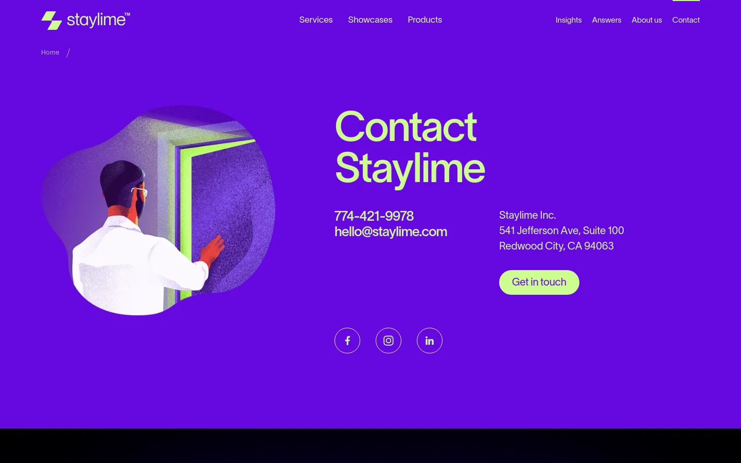 The desktop Contact page features a vibrant purple background with a large hero illustration of a person in a white lab coat looking through a doorway. The headline 'Contact Staylime' is displayed in large lime green text, accompanied by a phone number, email address, and physical address in Redwood City. A lime green 'Get in touch' button and social media icons are positioned below the contact details.