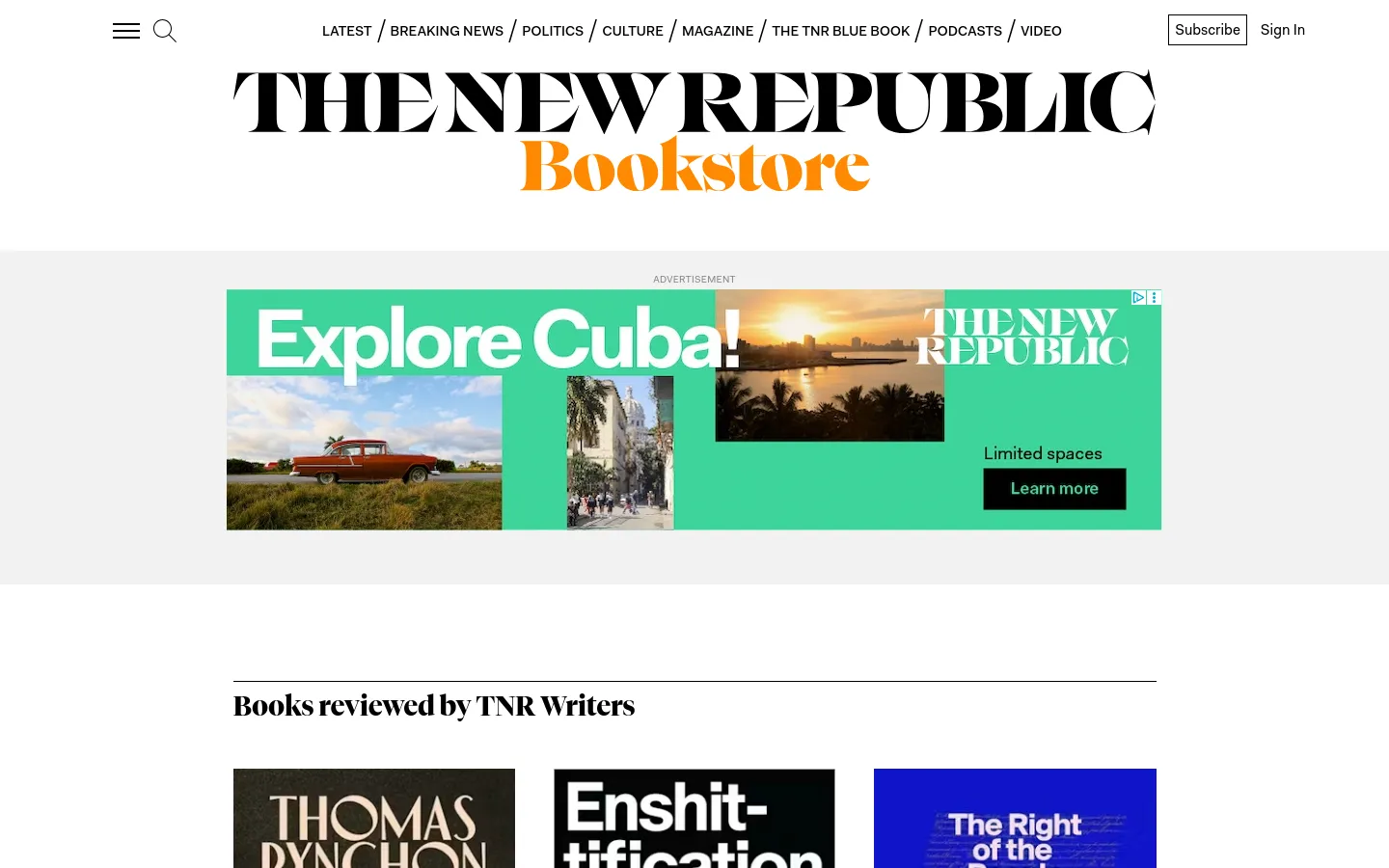 The New Republic Bookstore desktop page features a large black and orange logo at the top, followed by a wide advertisement for a Cuba trip. Below, a grid layout displays book covers with titles, authors, and 'Buy now' links under the heading 'Books reviewed by TNR Writers'.
