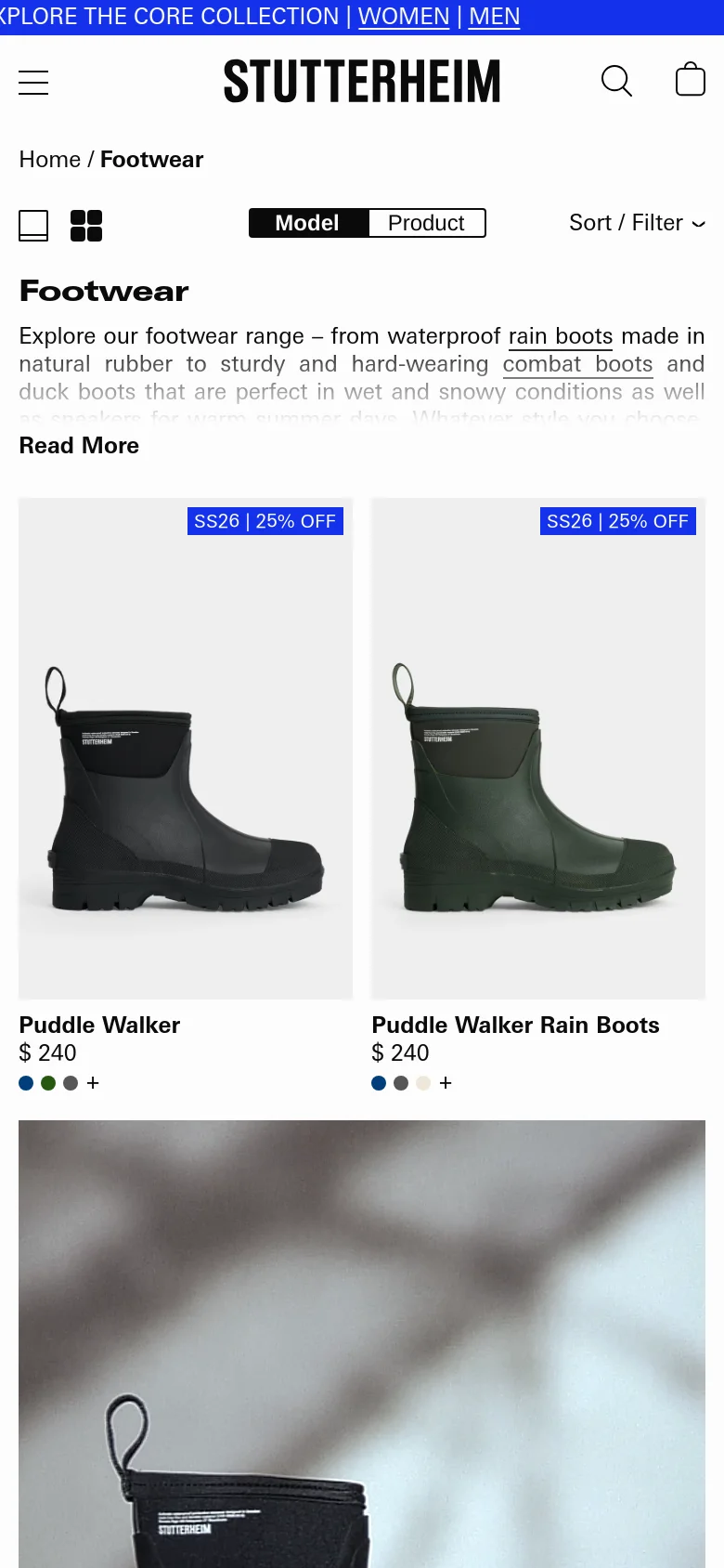 The mobile version presents a streamlined view with a condensed header containing a hamburger menu, search icon, and shopping bag. The product grid shifts to a single or double column layout, emphasizing large product imagery like the Puddle Walker boots. Sorting and filtering options are tucked into compact dropdown menus to maximize vertical screen space.