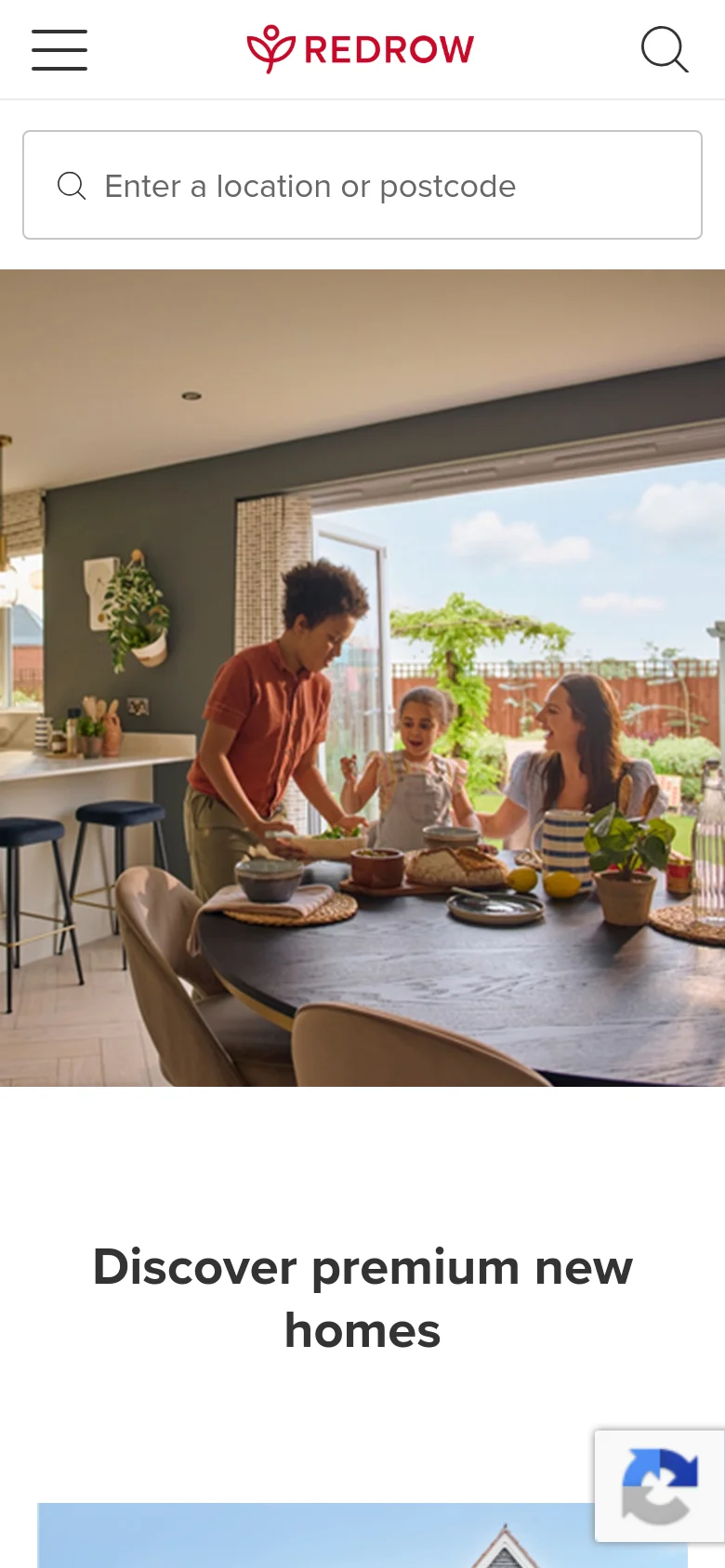 The mobile version shows a condensed view with a hamburger menu icon and a search icon in the header. The hero image of a family in a kitchen is prominent, followed by a full-width search input field for locations or postcodes. The layout is vertically stacked to prioritize the search functionality and the 'Discover premium new homes' headline.
