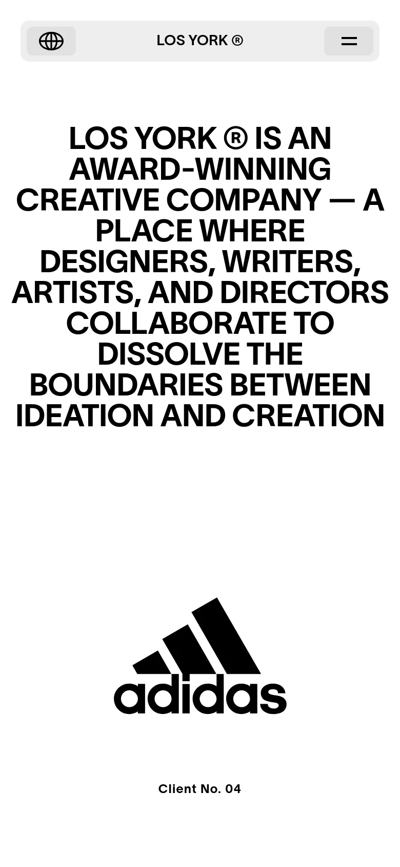 The mobile version maintains the high-contrast black-on-white theme but uses a single-column layout. The large headline is stacked vertically, followed by a single large Adidas logo centered on the screen.