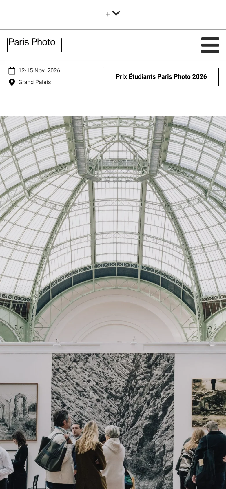 The mobile version simplifies the layout with a condensed header featuring the logo, event details, and a hamburger menu icon for navigation. The prominent 'Prix Étudiants Paris Photo 2026' button remains visible above a large hero image showing an art exhibition inside a glass-domed building.