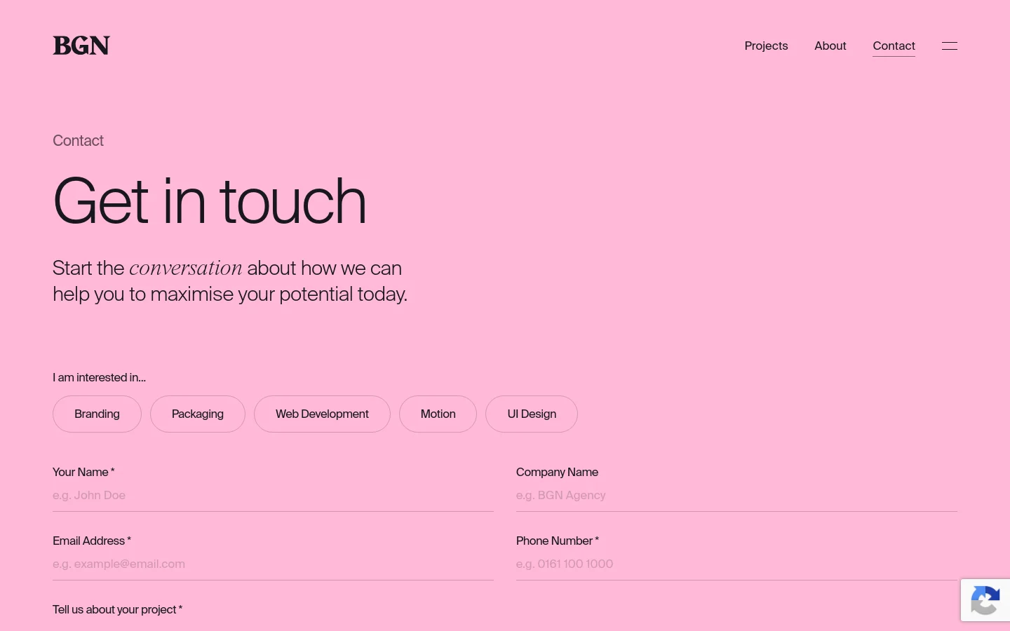 The desktop contact page features a minimalist design with a bright pink background and dark text. A large headline reads 'Get in touch' followed by a subheadline, above a contact form with pill-shaped buttons for selecting interests like Branding and Web Development. The navigation menu at the top includes links for Projects, About, and Contact.